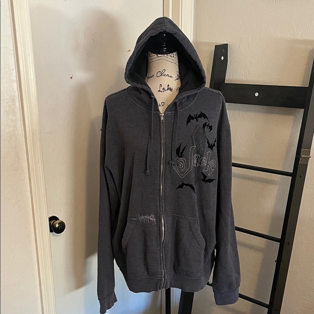 Disney Jack Skeleton Gray Bat Design Zip Up Hoodie Sweatshirt